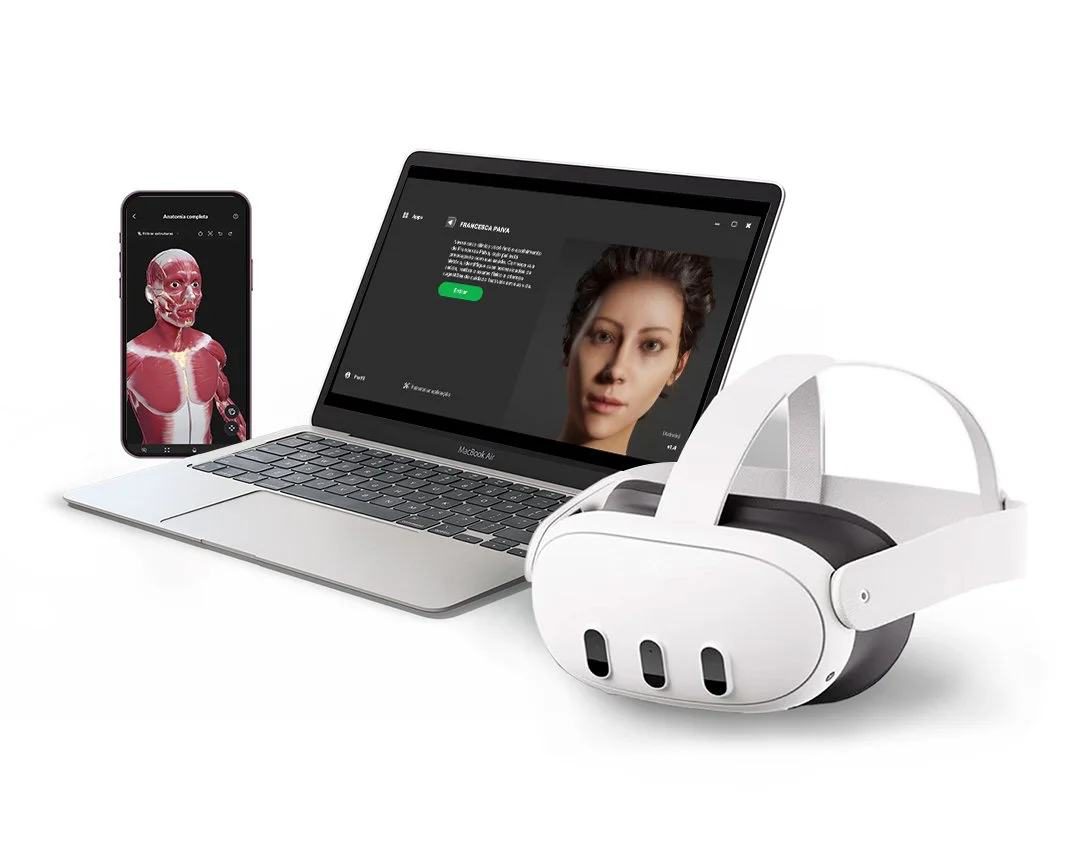 Ecossistema MedRoom — laptop, celular e óculos de realidade virtual exibindo modelos anatômicos