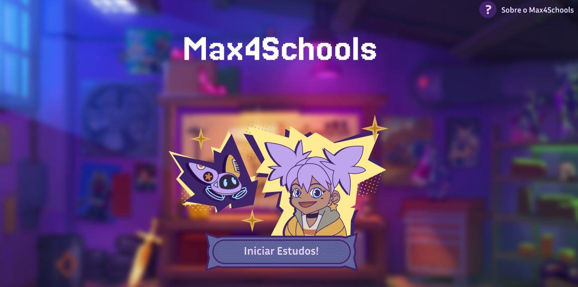 Projeto educacional com personagem ilustrado e botão Iniciar Estudos