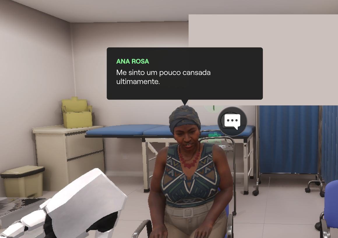 Interface para escolha da categoria com pergunta associada e Avatar 3D respondendo a uma pergunta escolhida.