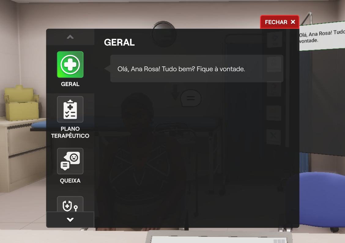 Interface para escolha da categoria com pergunta associada e Avatar 3D respondendo a uma pergunta escolhida.