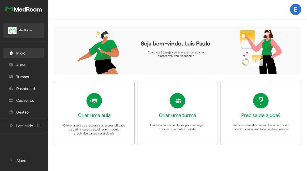 Telas de acesso e boas-vindas da plataforma.