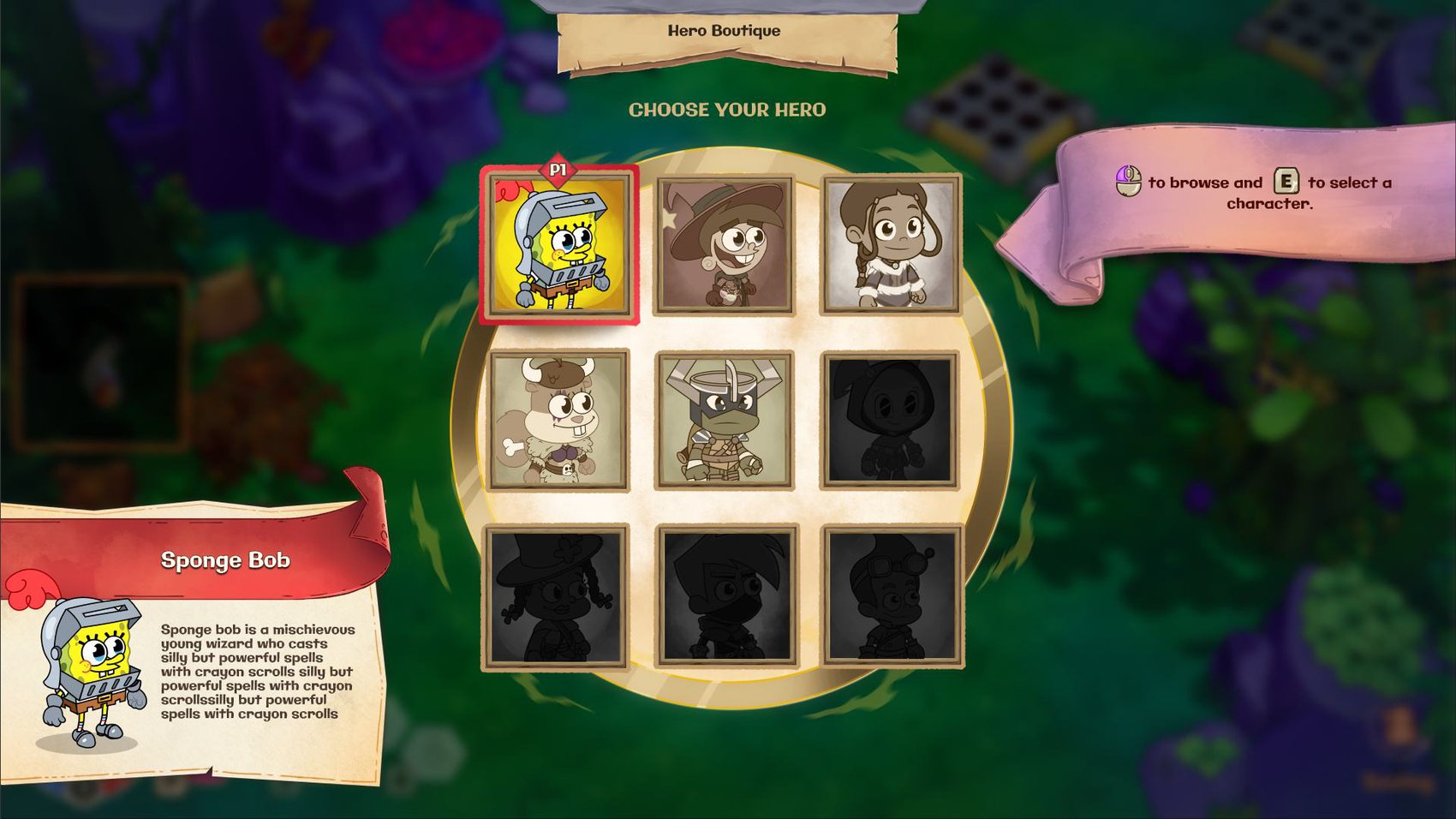 Escolha de personagem e diário de quests.