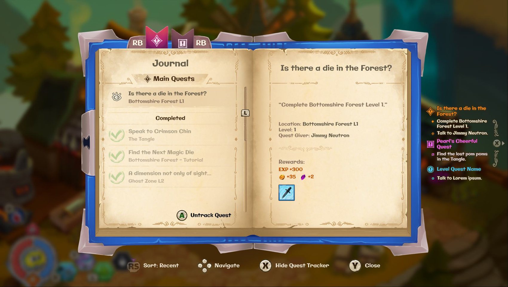 Escolha de personagem e diário de quests.