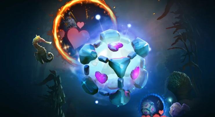 Skin crossover Dota 2 e Portal para o herói IO, e conjunto de magatamas: símbolo referencial para a combinação de elementos nas runas.