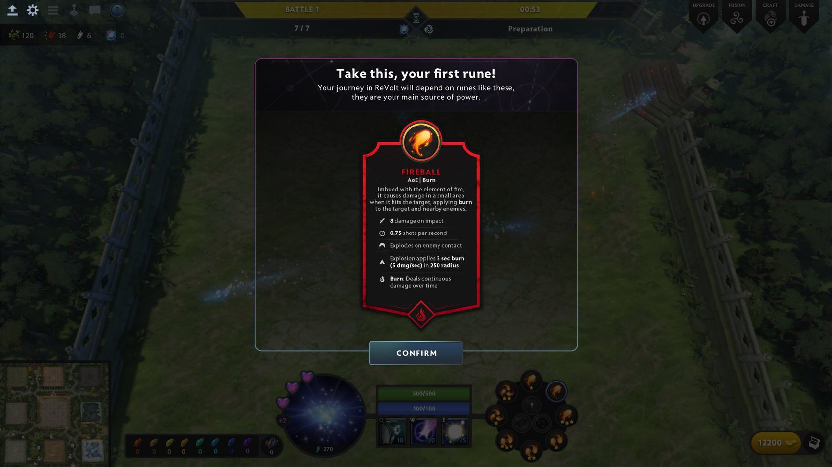 Tela introdutória de tutorial e recebimento da primeira runa.