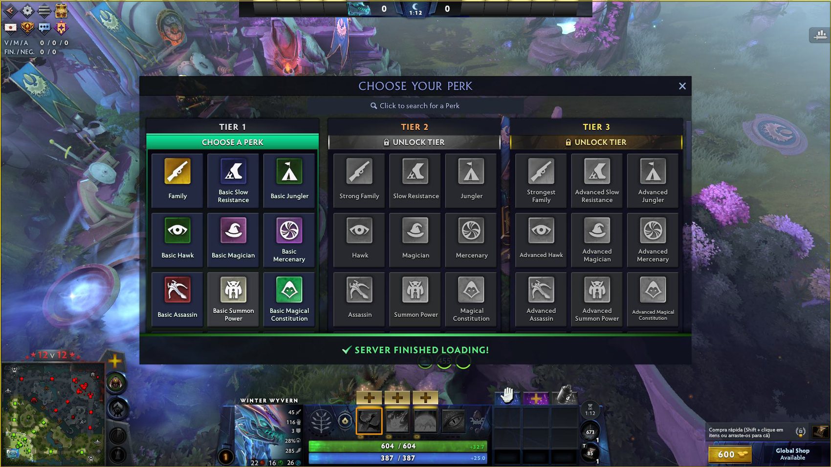 Painel para escolha de perks no início do jogo e ilustrações para report de player.
